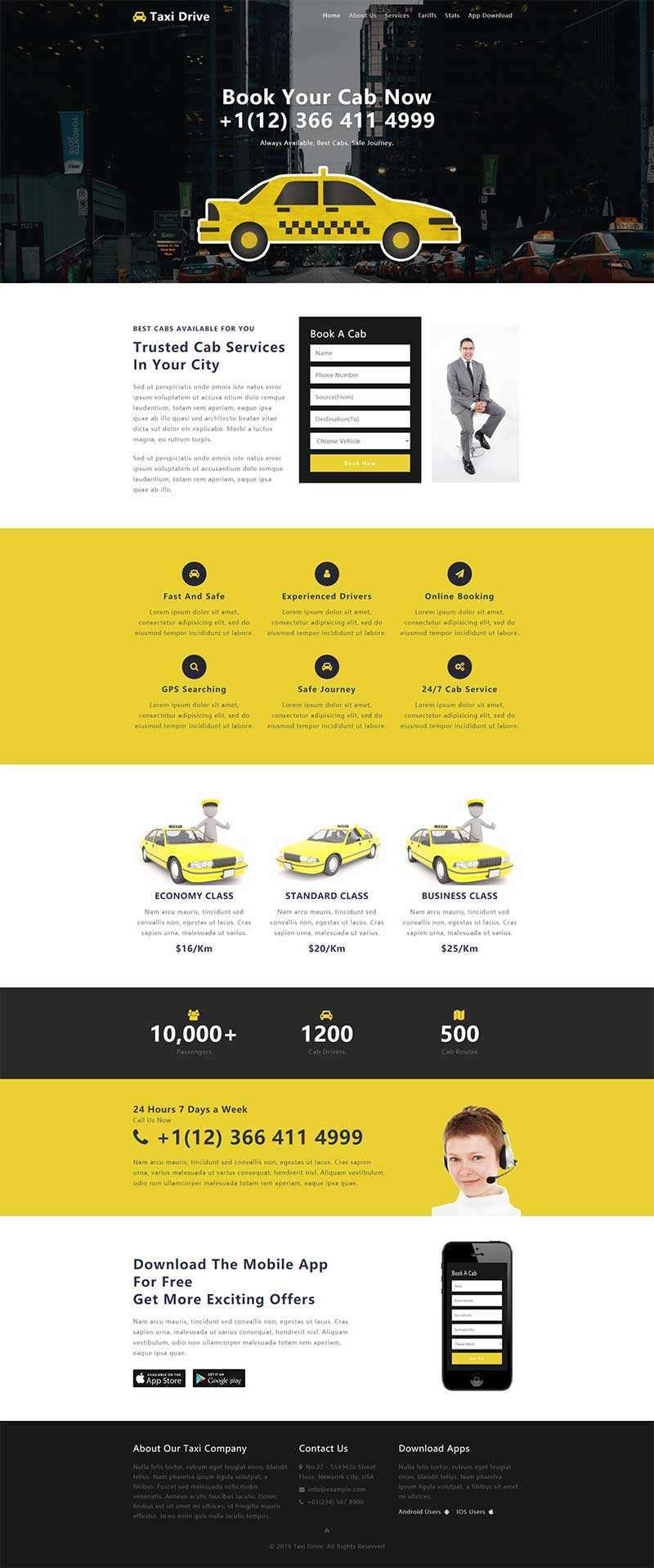 黄色出租车服务网站单页响应式网页html模板 - 觅资源