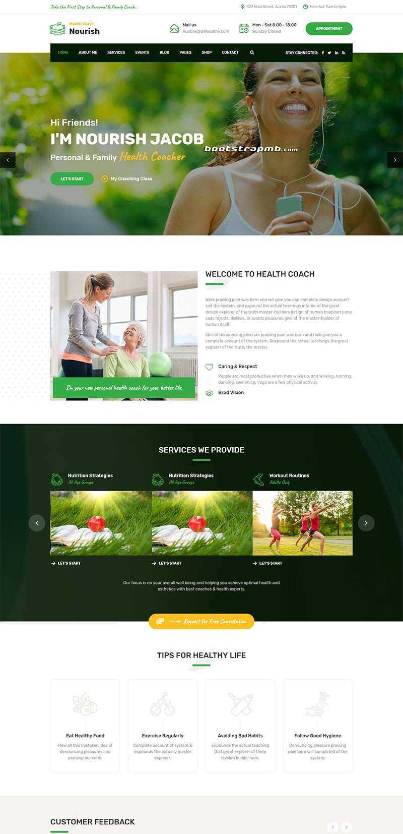 Bootstrap绿色的健康指导生活服务网站html模板 - 觅资源