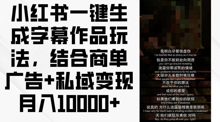 小红书一键生成字幕作品玩法，结合商单广告+私域变现月入10000+ - 觅资源
