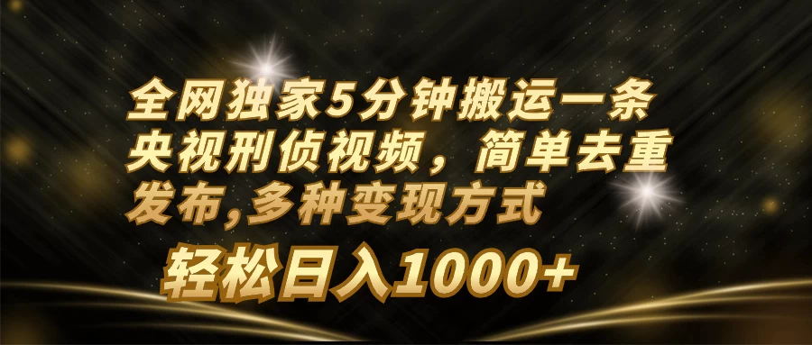 全网独家5分钟搬运一条央视刑侦视频，简单去重发布，多种变现方式，轻松日入1000+ - 觅资源