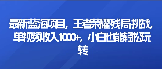 最新蓝海项目，王者荣耀残局挑战，单视频收入1000+，小白也能轻松玩转 - 觅资源