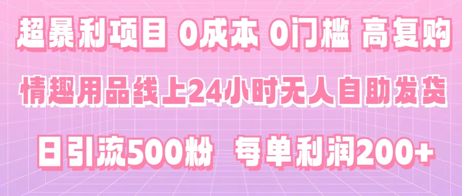 超暴利项目，情趣用品线上24小时-无人自助发货，0成本，0门槛，高复购，有手就能做，日引500粉，每单利润200+ - 觅资源