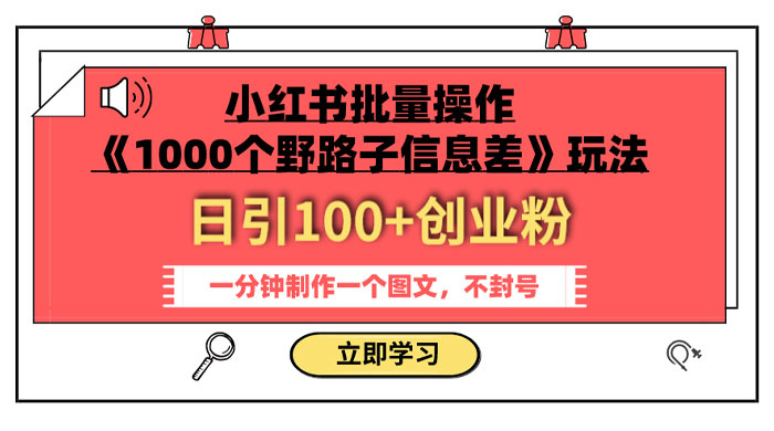 小红书批量操作《 1000 个野路子信息差》玩法，日引 100+ 创业粉，一分钟一个图文 - 觅资源