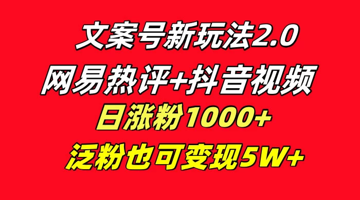 文案号新玩法，网易热评+抖音文案 一周轻松涨粉 5W+ 多种变现模式 - 觅资源