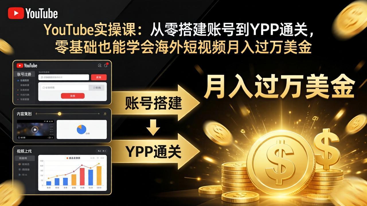 YouTube实操课：从零搭建账号到YPP通关，零基础也能学会海外短视频月入过万美金 - 觅资源