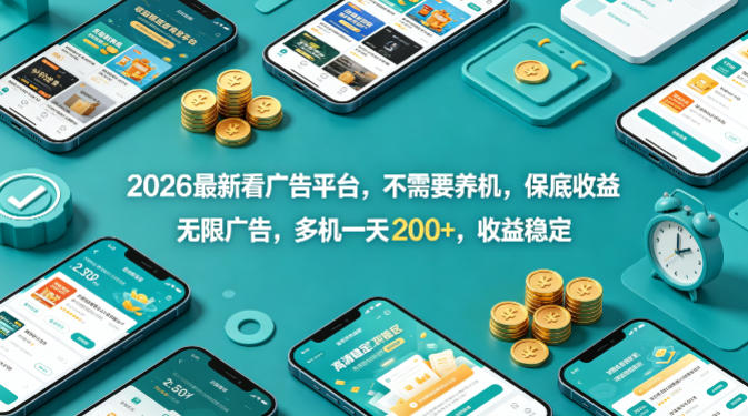 2026最新看广告平台，不需要养机，保底收益，无限广告，多机一天200+，收益稳定【揭秘】 - 觅资源