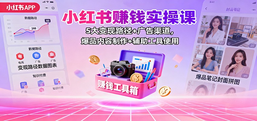 小红书赚钱实操课：5大变现路径+广告渠道，爆品内容制作+辅助工具使用|YX网创
