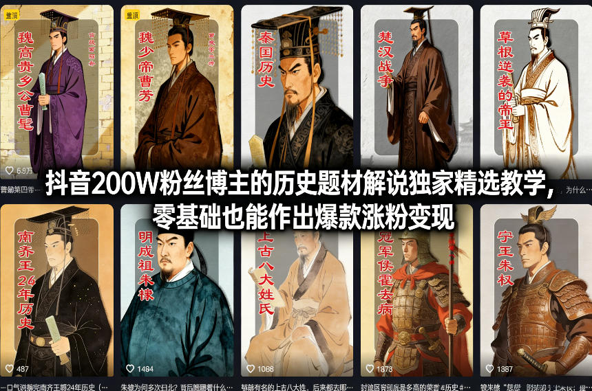 抖音200W粉丝博主的历史题材解说独家精选教学，零基础也能作出爆款涨粉变现|中创学习社
