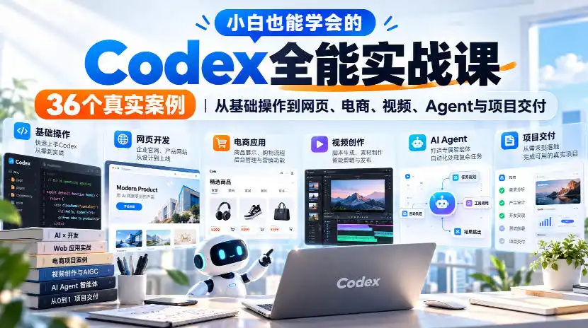 小白也能学会的Codex全能实战课|36个真实案例,从基础操作到网页、电商、视频、Agent与项目交付