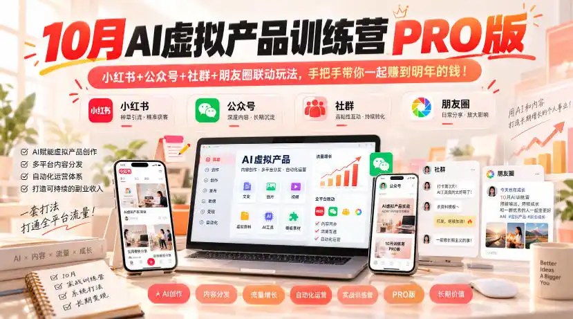 10月AI虚拟产品训练营PRO版，小红书+公众号+社群+朋友圈联动玩法，手把手带你一起赚到明年的钱！