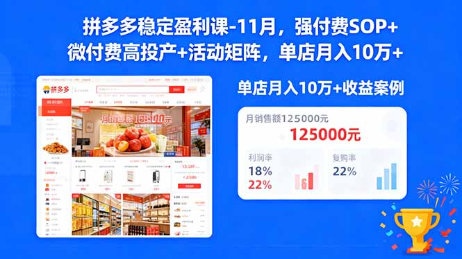 拼多多稳定盈利课-11月，强付费SOP+微付费高投产+活动矩阵，单店月入10w+|YX网创