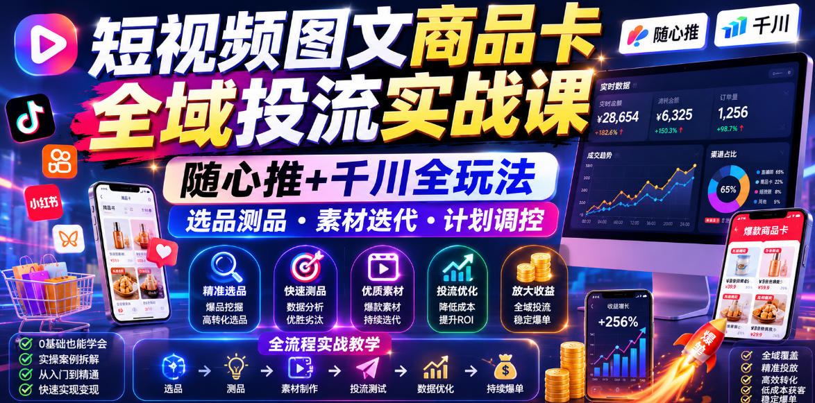 短视频图文商品卡全域投流实战课，随心推+千川全玩法，选品测品・素材迭代・计划调控，提升ROI爆单增收教程 - 觅资源