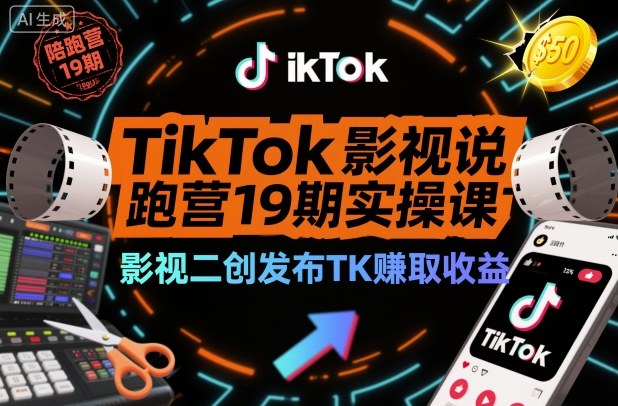 TikTok影视解说陪跑营19期实操课，影视二创发布TK賺取收益，万播收益50美金|YX网创