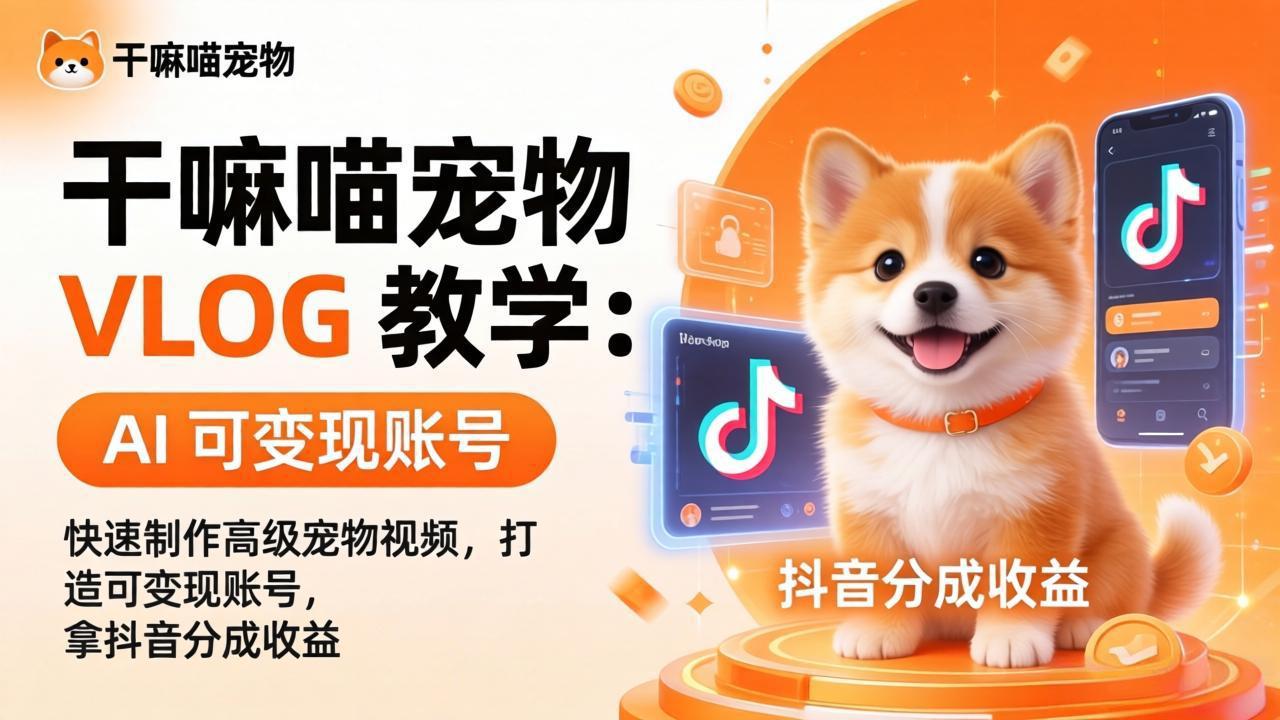 干嘛喵宠物 VLOG 教学：AI 快速制作高级宠物视频，打造可变现账号，拿抖音分成收益 - 觅资源