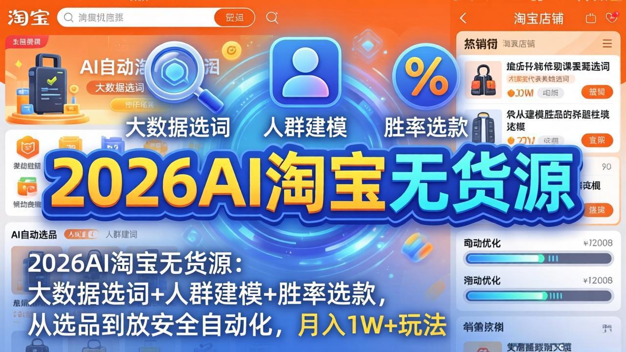 2026AI淘宝无货源：大数据选词+人群建模+胜率选款，从选品到放大全自动化，月入1W+玩法 - 觅资源