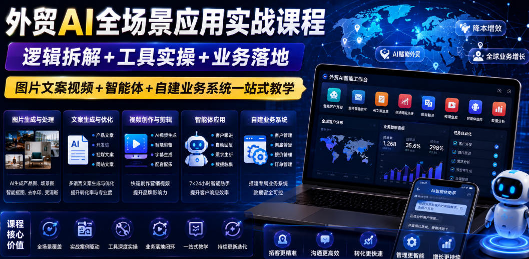 外贸AI全场景应用实战课程｜逻辑拆解+工具实操+业务落地，图片文案视频+智能体+自建业务系统一站式教学 - 觅资源