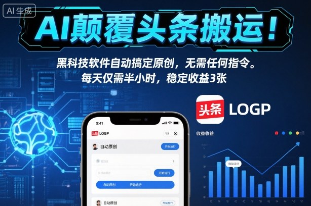 AI颠覆头条搬运！黑科技软件自动搞定原创，无需任何指令。每天仅需半小时，稳定收益3张【揭秘】|YX网创