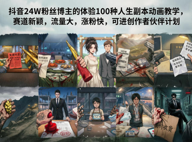 抖音24W粉丝博主的体验100种人生副本动画教学，赛道新颖，流量大，涨粉快，可进创作者伙伴计划 - 觅资源