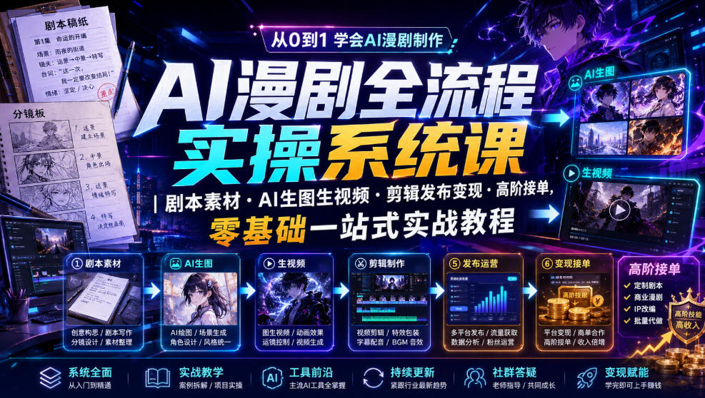 AI漫剧全流程实操系统课｜剧本素材・AI生图生视频・剪辑发布变现・高阶接单，零基础一站式实战教程 - 觅资源