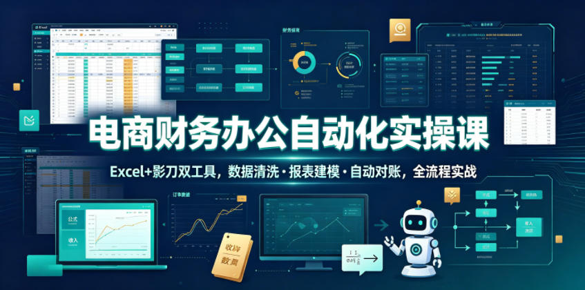 电商财务办公自动化实操课，Excel+影刀双工具，数据清洗・报表建模・自动对账，全流程实战 - 觅资源