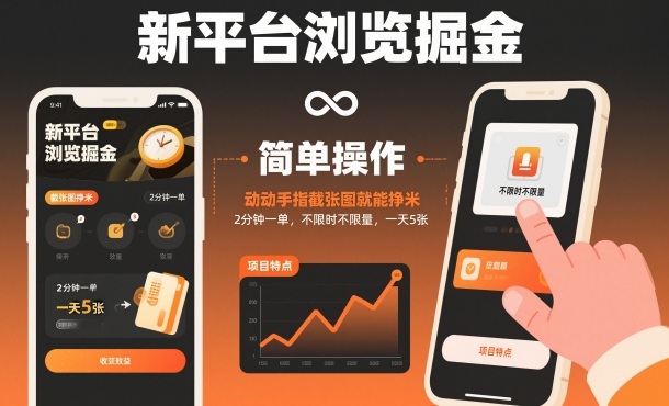新平台浏览掘金，动动手指截张图就能挣米，2分钟一单，不限时不限量，一天5张【揭秘】|YX网创