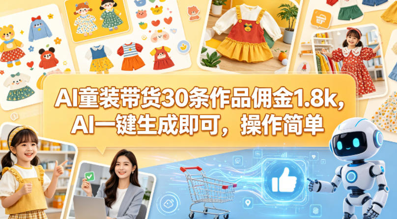 AI童装带货30条作品佣金1.8k，AI一键生成即可，操作简单 - 觅资源