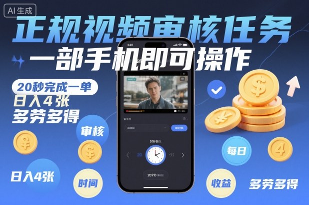 正规视频审核任务，一部手机即可操作，20秒完成一单，日入4张，多劳多得【揭秘】|YX网创