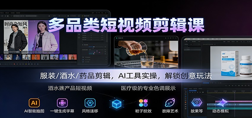 多品类短视频剪辑课：服装/酒水/药品剪辑，AI工具实操，解锁创意玩法|YX网创