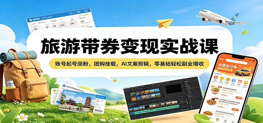 旅游带券变现实战课：账号起号涨粉，团购挂载，AI文案剪辑，零基础轻松副业增收 - 觅资源