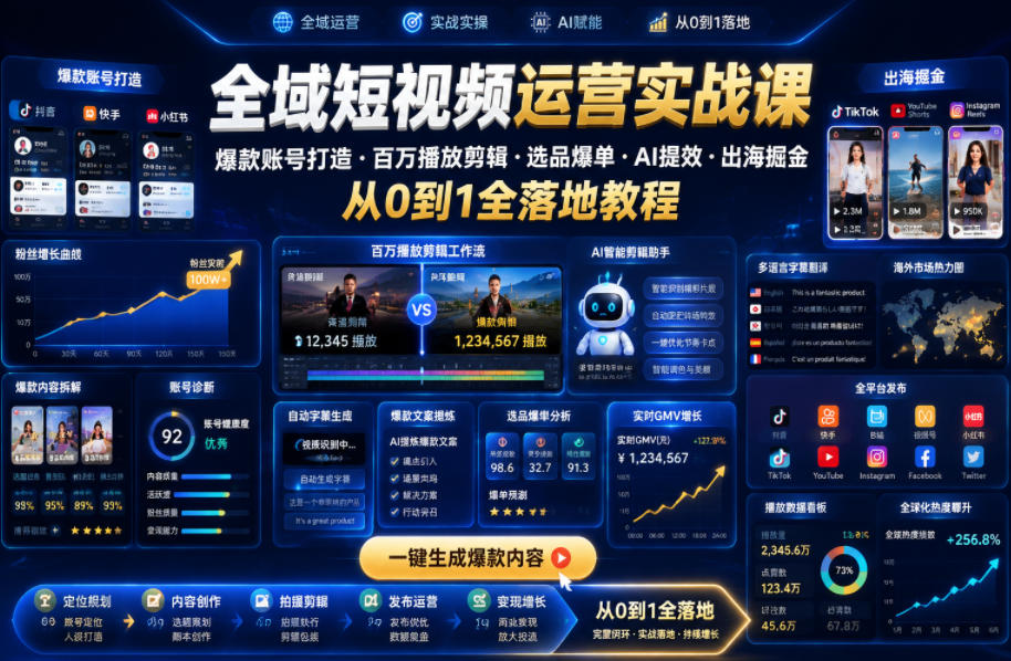 全域短视频运营实战课，爆款账号打造・百万播放剪辑・选品爆单・AI提效・出海掘金，从0到1全落地教程 - 觅资源