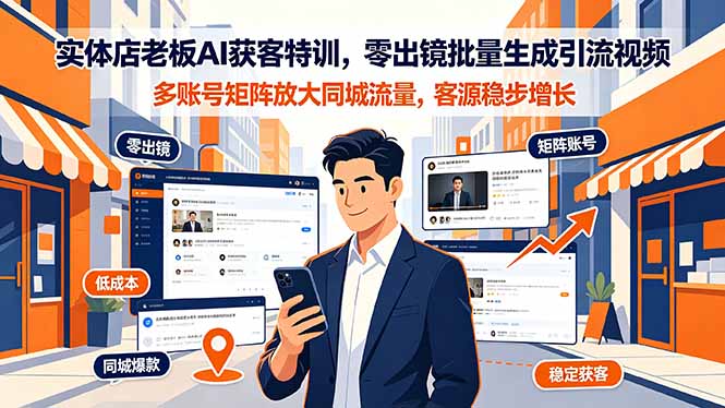 实体店老板AI获客特训，零出镜批量生成引流视频，多账号矩阵放大同城流量，客源稳步增长 - 觅资源