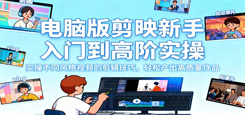 电脑版剪映新手入门到高阶实操，实操不同风格视频的剪辑技巧，轻松产出高质量作品|YX网创