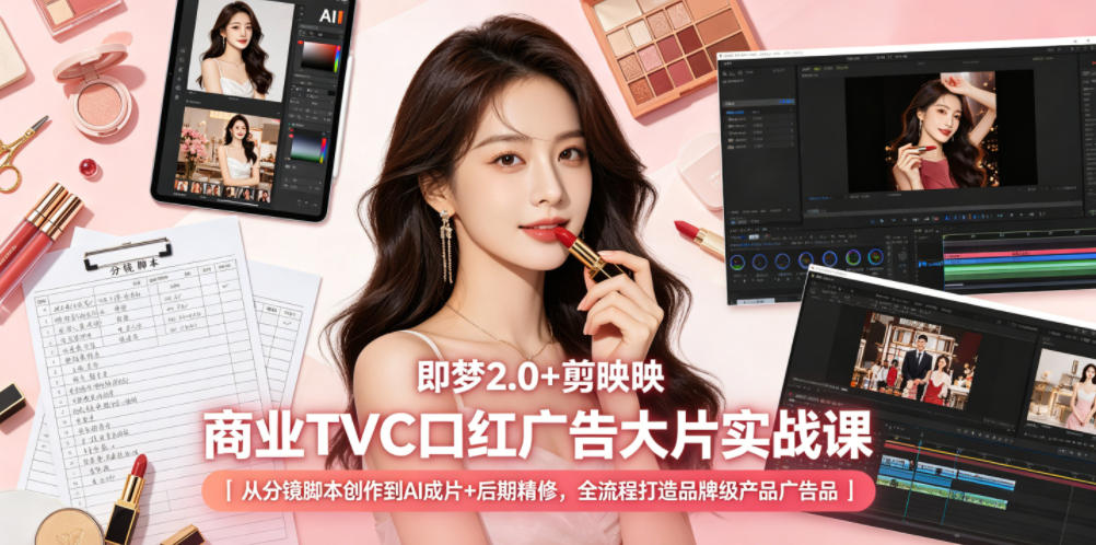 即梦2.0+剪映商业TVC口红广告大片实战课｜从分镜脚本创作到AI成片+后期精修，全流程打造品牌级产品广告 - 觅资源