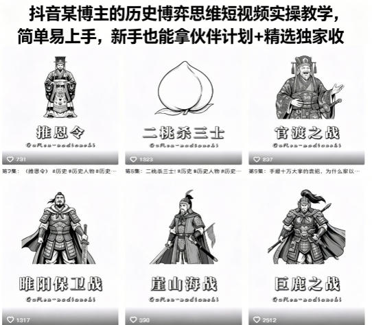 抖音某博主的历史博弈思维短视频实操教学，简单易上手，新手也能拿伙伴计划+精选独家收益 - 觅资源