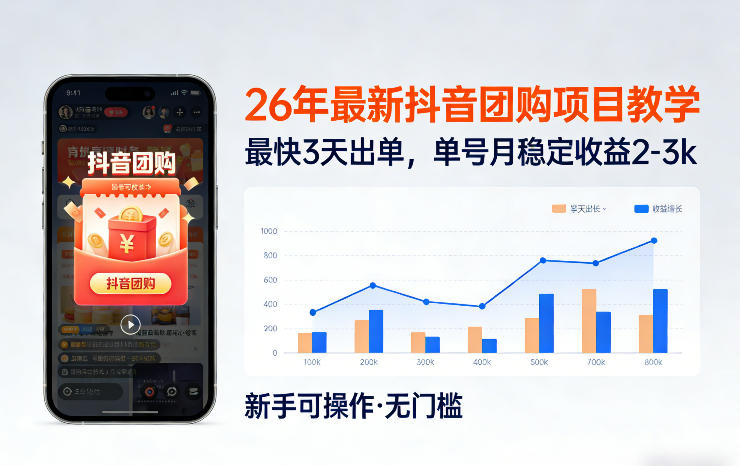 26年最新抖音团购项目教学，0门槛，最快3天出单，单号月稳定收益2-3k|中创学习社