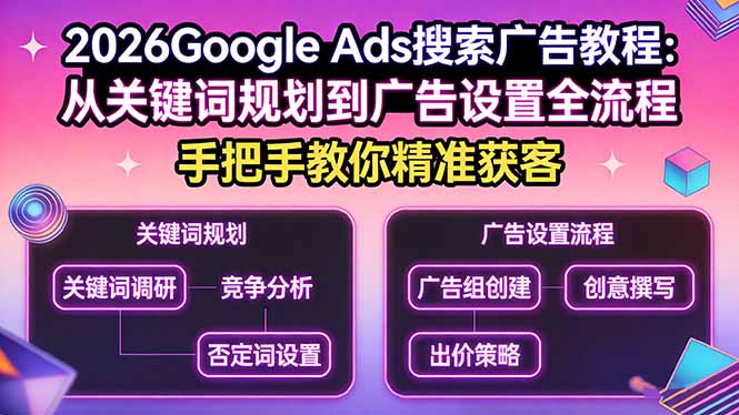 2026Google Ads搜索广告教程：从关键词规划到广告设置全流程，手把手教你精准获客 - 觅资源
