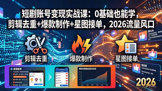 短剧账号变现实战课：0基础也能学，剪辑去重+爆款制作+星图接单，2026流量风口 - 觅资源