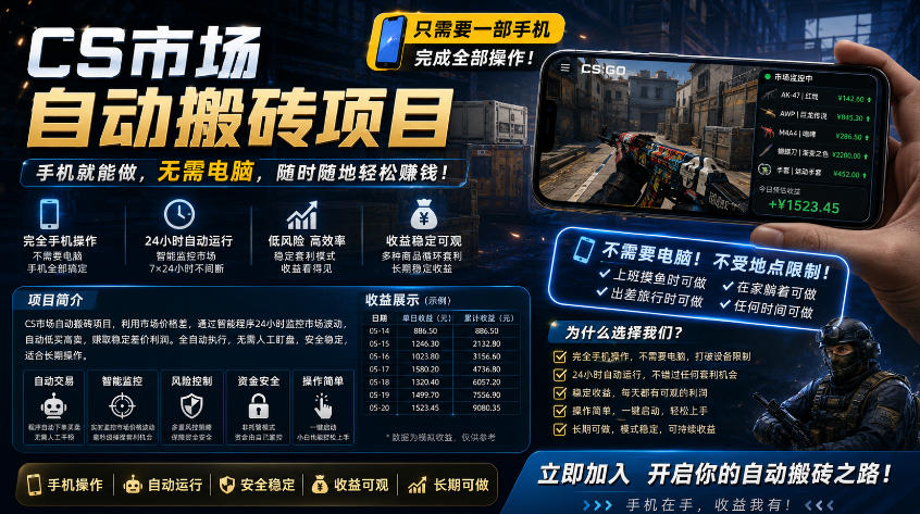 手机即可操作的CS市场自动搬砖系统｜自动监控｜自动下单|日入300+【揭秘】 - 觅资源