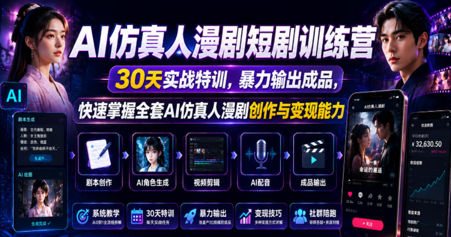 AI仿真人漫剧短剧训练营，30天实战特训，暴力输出成品，快速掌握全套AI仿真人漫剧创作与变现能力 - 觅资源