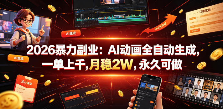 2026暴力副业：AI动画全自动生成，一单上千，月稳2W，永久可做【揭秘】 - 觅资源