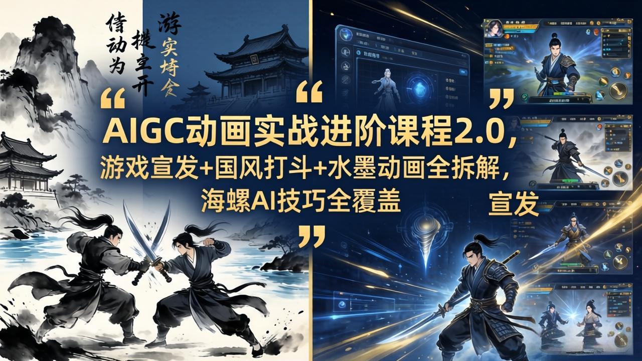 AIGC动画实战进阶课程2.0，游戏宣发+国风打斗+水墨动画全拆解，海螺AI技巧全覆盖 - 觅资源