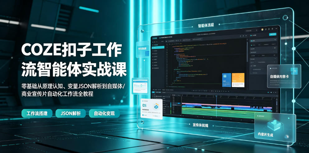 COZE扣子工作流智能体实战课｜零基础从原理认知、变量JSON解析到自媒体/商业宣传片自动化工作流全教程 - 觅资源