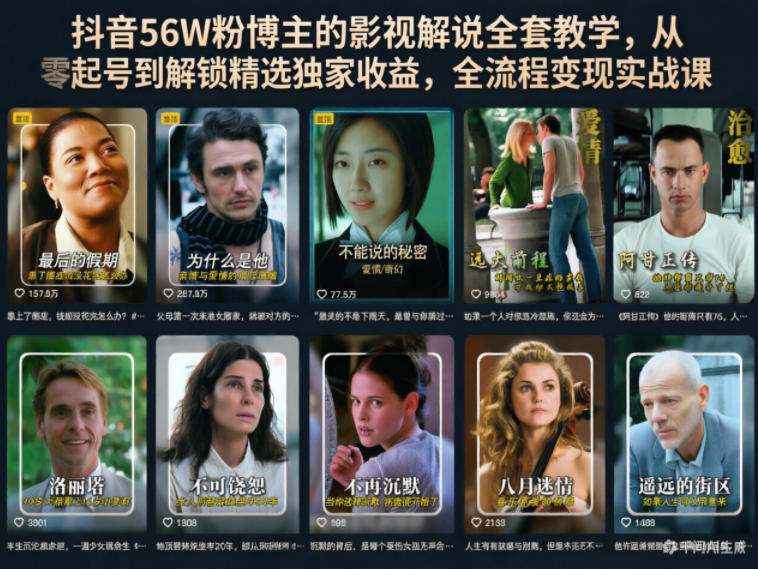 抖音56W粉博主的影视解说全套教学，从零起号到解锁精选独家收益，全流程变现实战课 - 觅资源