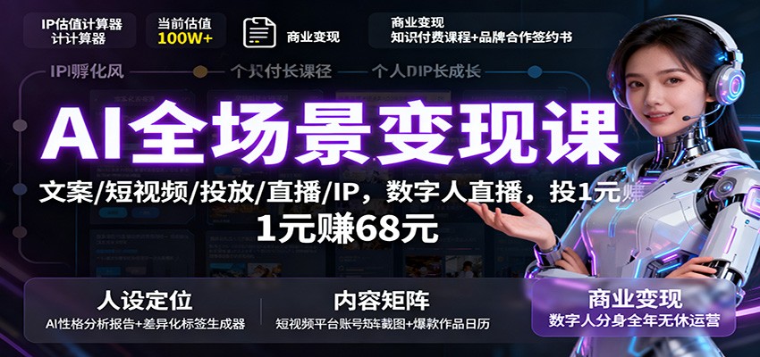 AI全场景变现课：文案/短视频/投放/直播/IP，数字人直播，投1元赚68元|YX网创