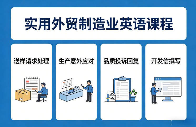 实用外贸制造业英语课程，教你专业处理送样请求、应对生产意外、回复品质投诉、撰写开发信等|中创学习社
