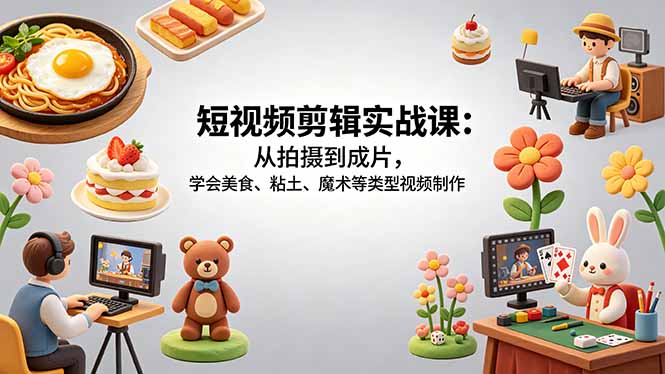 短视频剪辑实战课：从拍摄到成片，学会美食、粘土、魔术等类型视频制作 - 觅资源