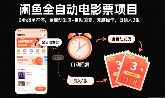 闲鱼全自动电影票项目，24h爆单不停，全自动发货+自动回复，无脑操作，日稳入3张【揭秘】|YX网创