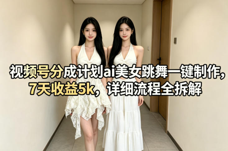 视频号分成计划ai美女跳舞一键制作，7天收益5k，详细流程全拆解 - 觅资源