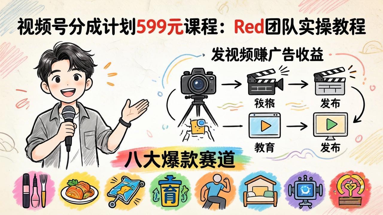 视频号分成计划599元课程：Red团队实操教程，发视频赚广告收益，八大爆款赛道全掌握 - 觅资源