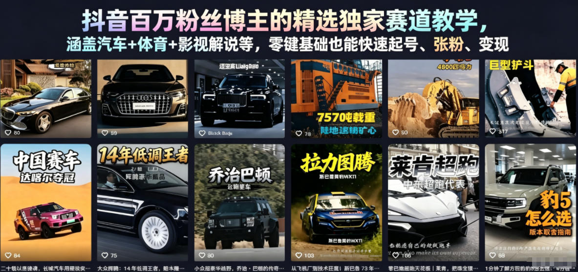 抖音百万粉丝博主的精选独家赛道教学，涵盖汽车+体育+影视解说等，零基础也能快速起号、涨粉、变现 - 觅资源